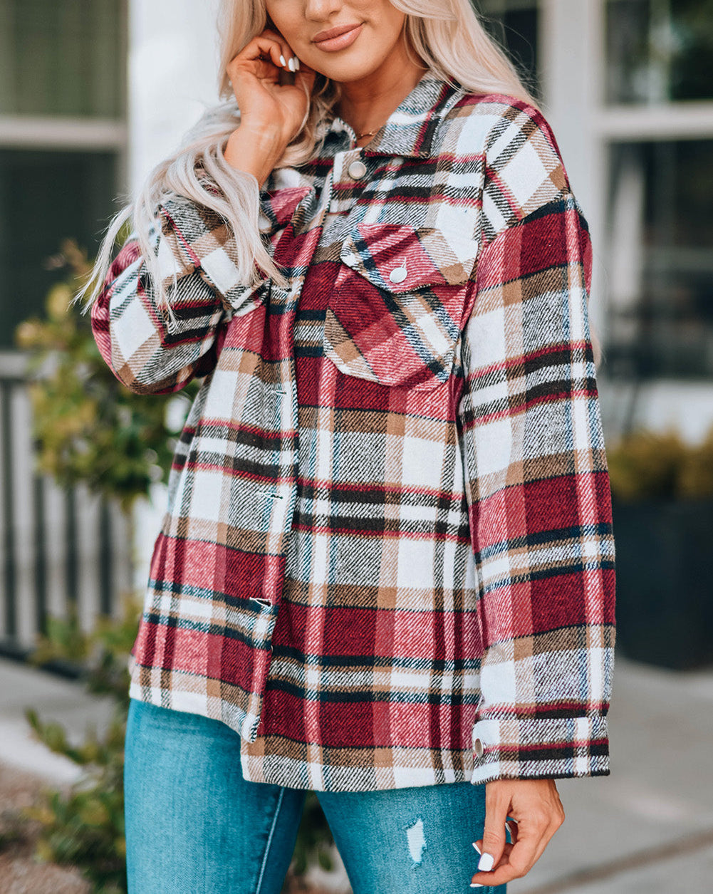 Fiery Red Geometric Plaid Print Pocketed Shacket