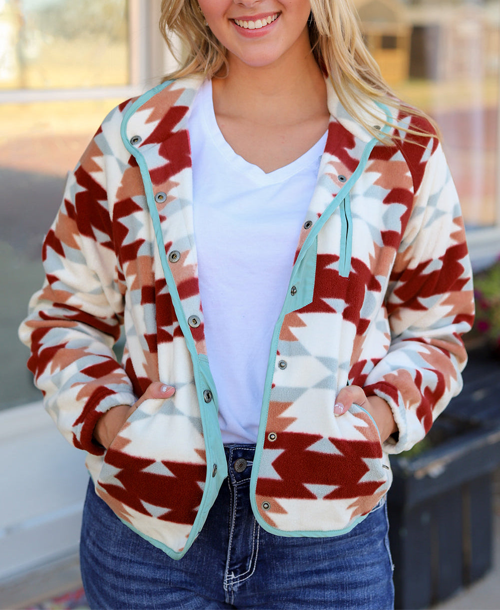 Fiery Red Western Aztec Buttoned Zipper Pockets Fleece Jacket