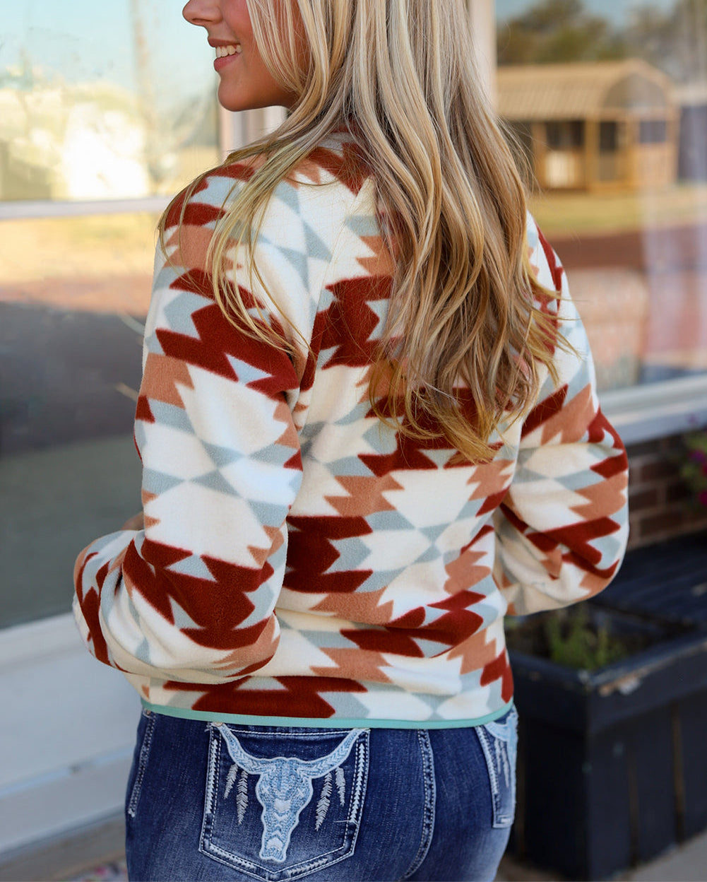 Fiery Red Western Aztec Buttoned Zipper Pockets Fleece Jacket