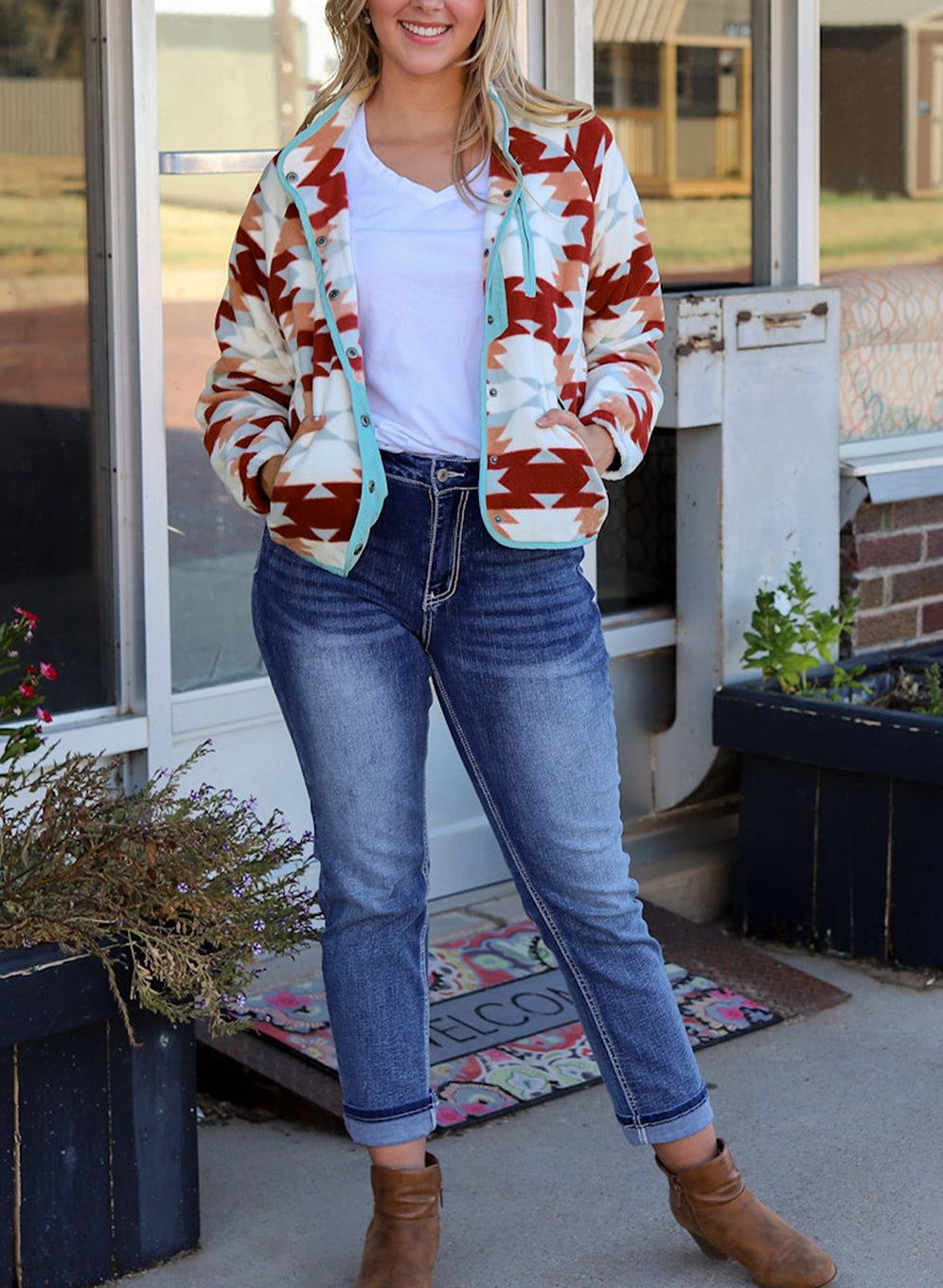 Fiery Red Western Aztec Buttoned Zipper Pockets Fleece Jacket
