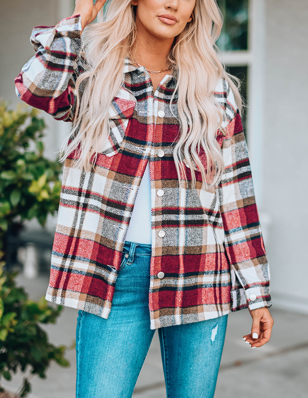 Fiery Red Geometric Plaid Print Pocketed Shacket