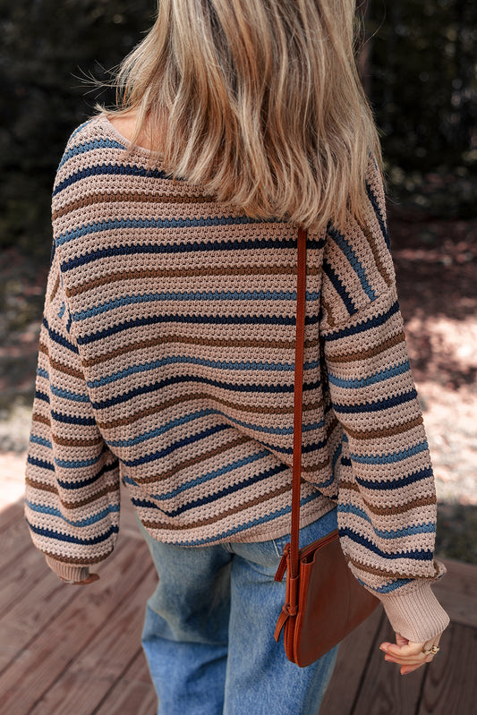 Multicolor Striped Knitted Drop Shoulder Round Neck Sweater