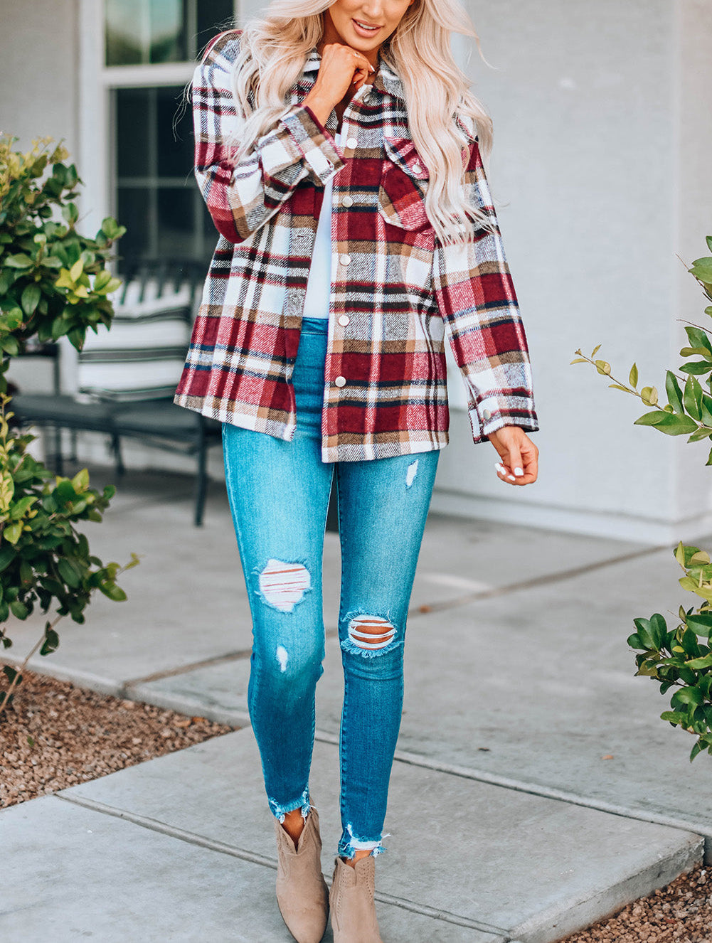 Fiery Red Geometric Plaid Print Pocketed Shacket