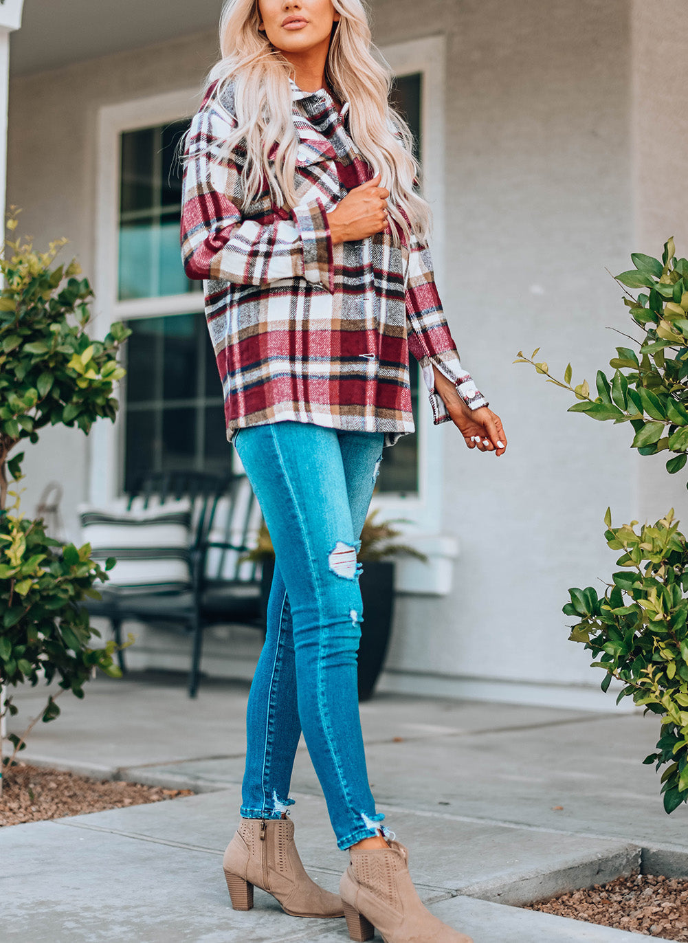 Fiery Red Geometric Plaid Print Pocketed Shacket