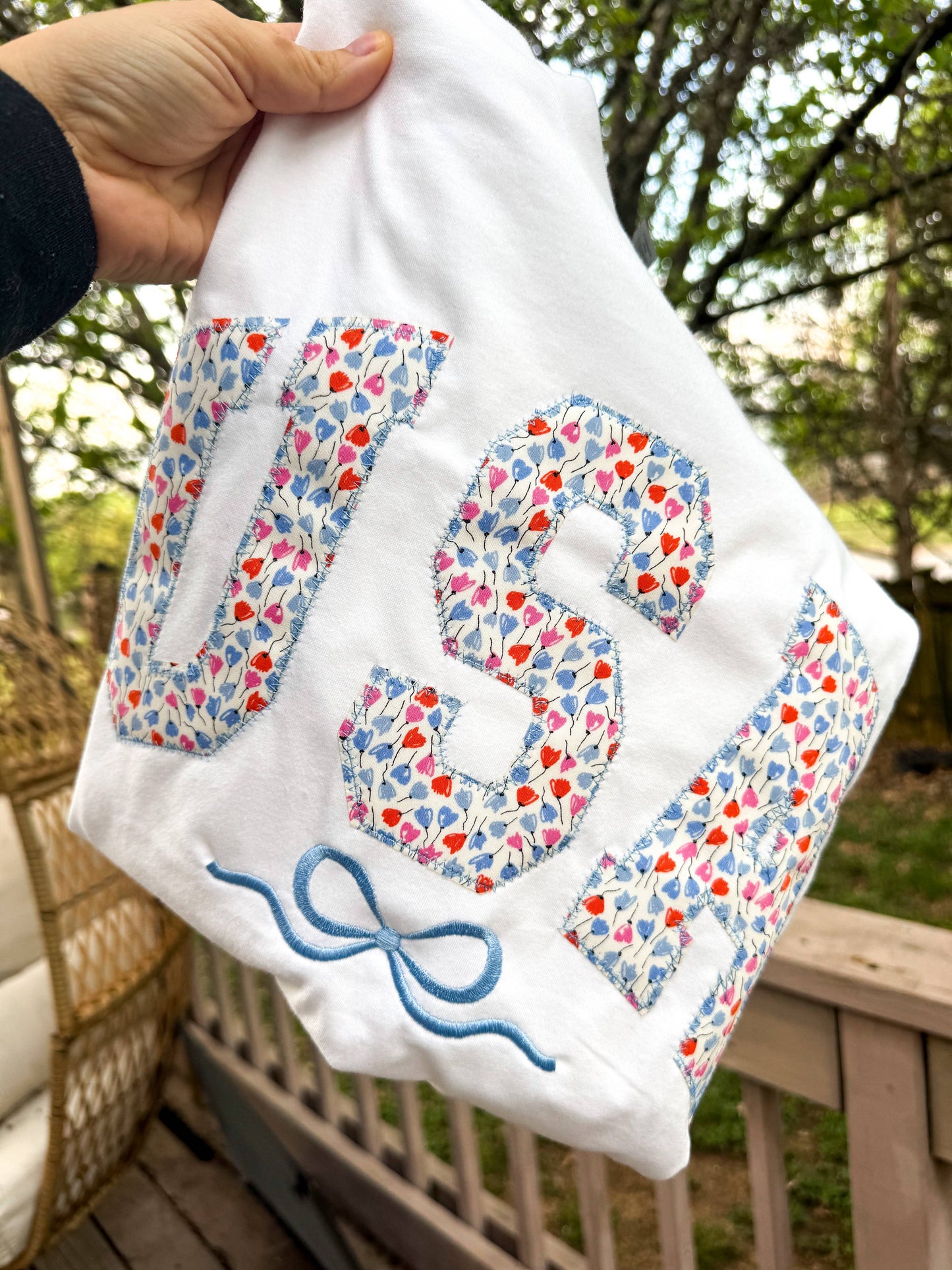 Floral USA Patch Tee with Embroidered Bow