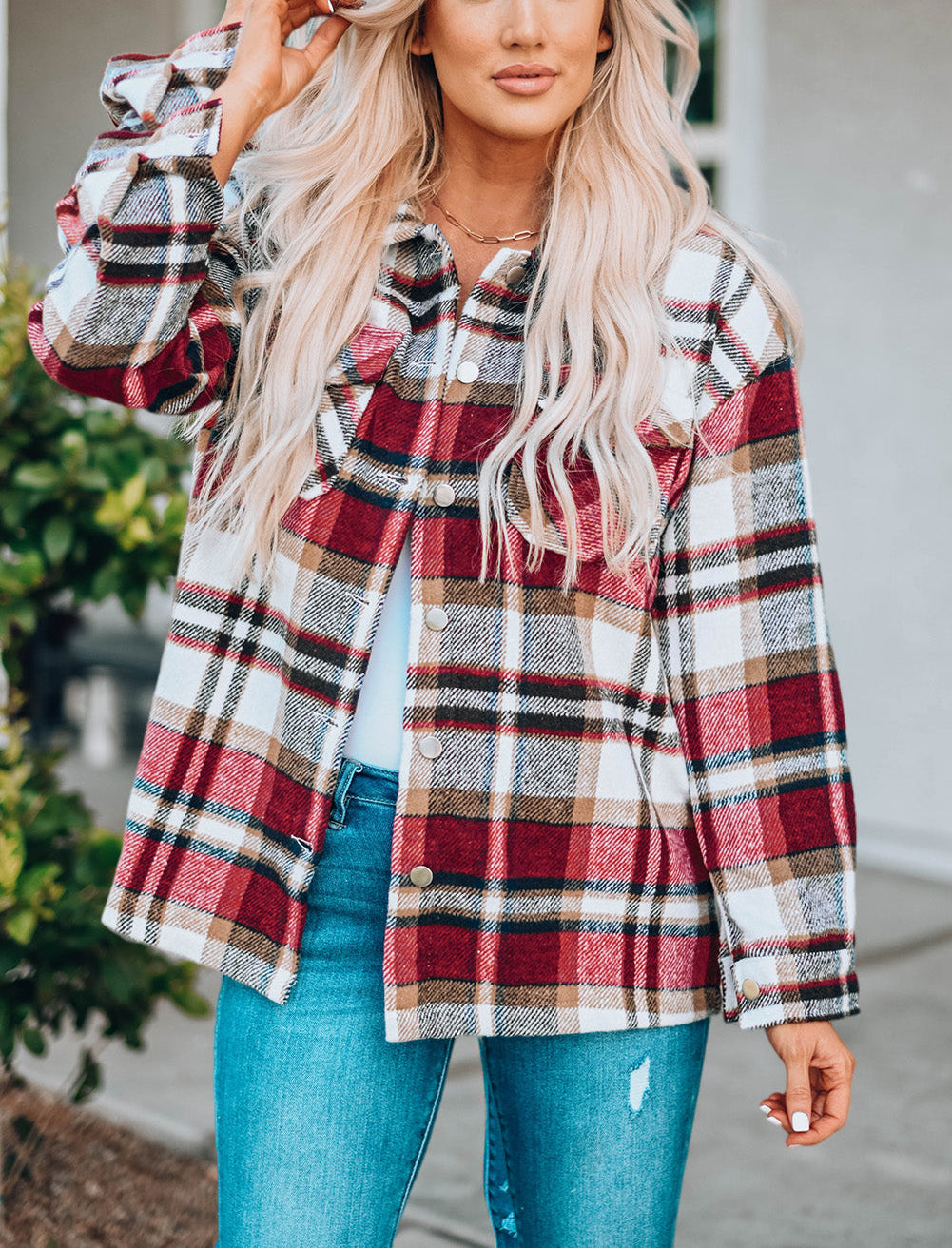 Fiery Red Geometric Plaid Print Pocketed Shacket