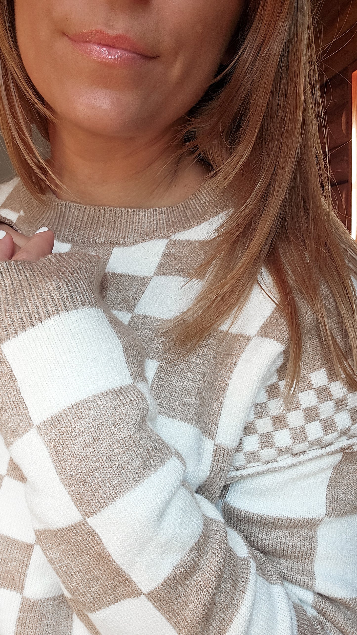 Khaki Checkered Print Drop Shoulder Round Neck Sweater