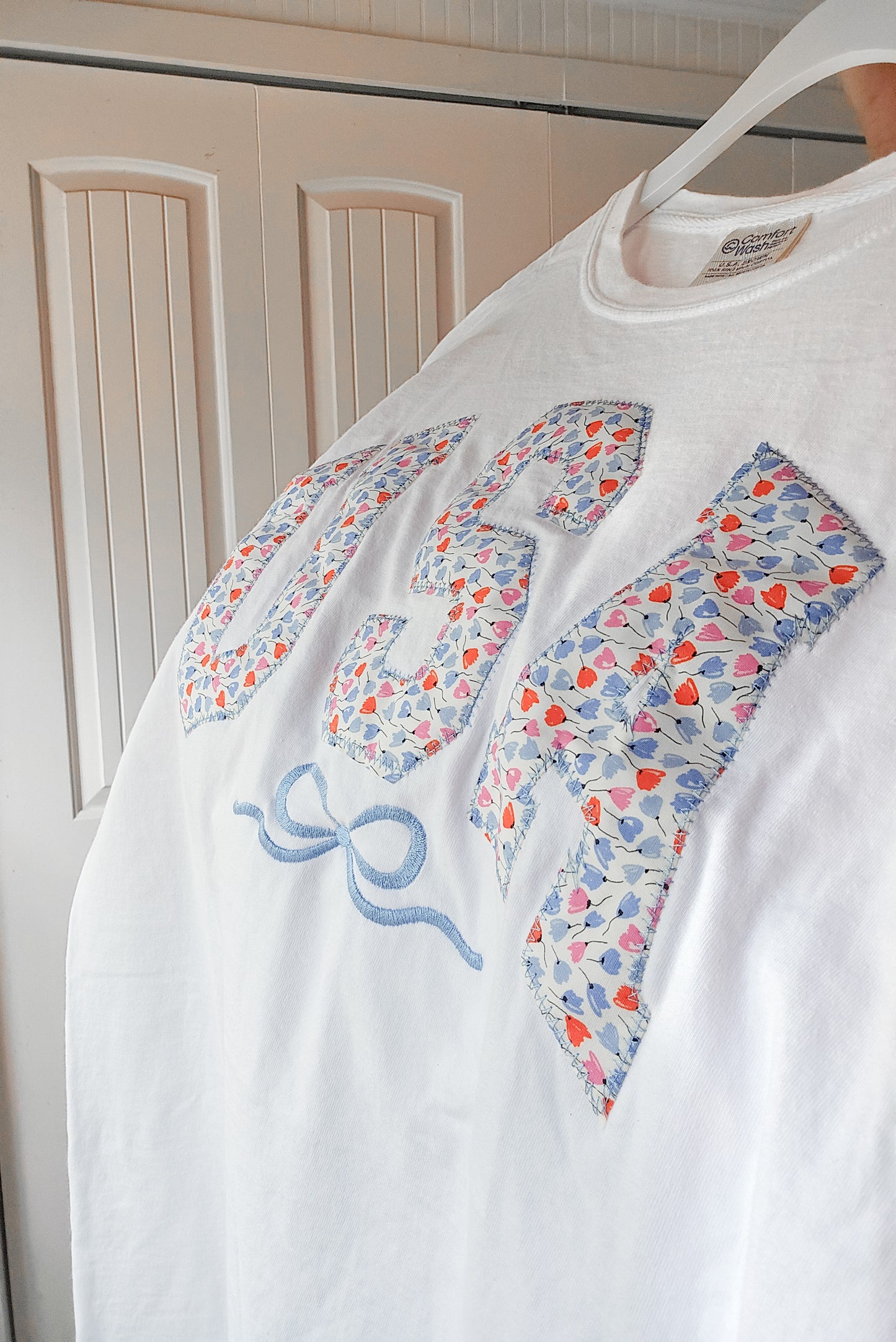 Floral USA Patch Tee with Embroidered Bow
