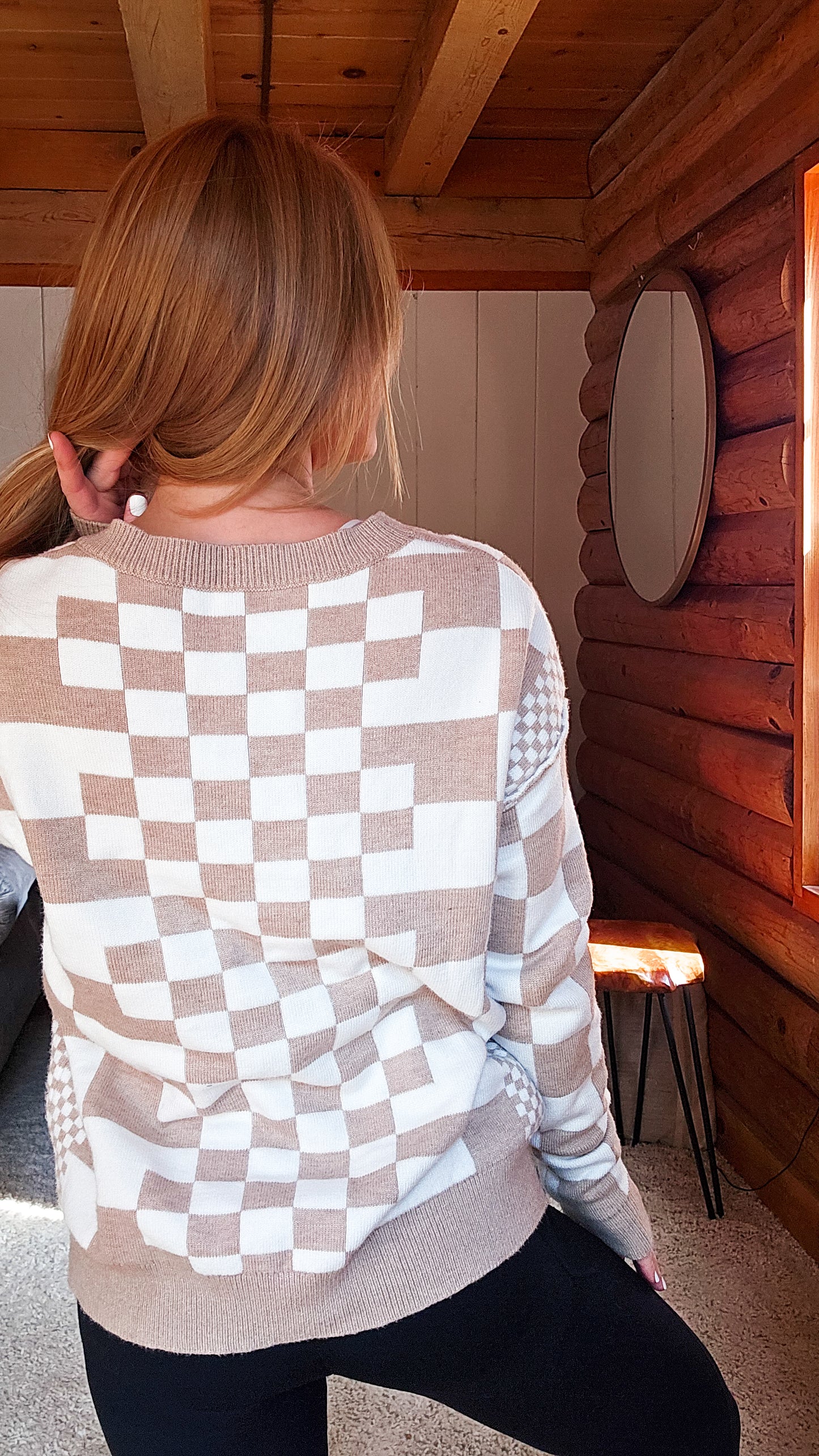 Khaki Checkered Print Drop Shoulder Round Neck Sweater