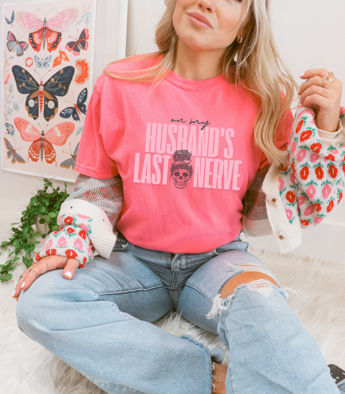 On My Husbands Last Nerve Sarcastic Wife Tee [COMFORT COLORS]