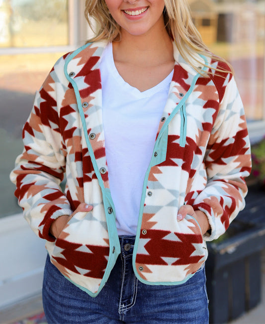 Fiery Red Western Aztec Buttoned Zipper Pockets Fleece Jacket