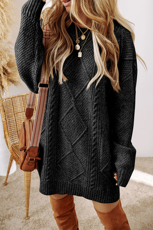 Cable Knit Drop Shoulder Loose Fit Sweater Dress [3 COLORS]