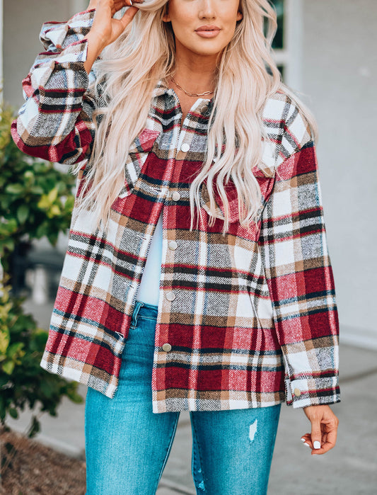 Fiery Red Geometric Plaid Print Pocketed Shacket