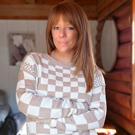 Khaki Checkered Print Drop Shoulder Round Neck Sweater