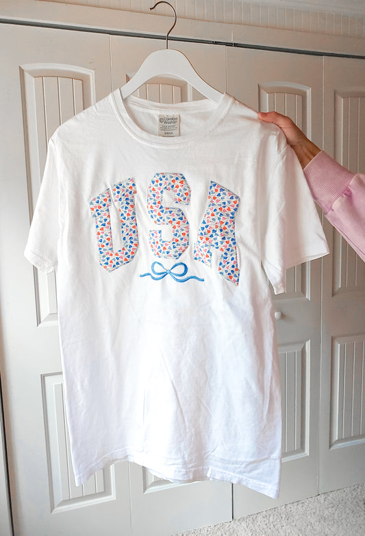 Floral USA Patch Tee with Embroidered Bow
