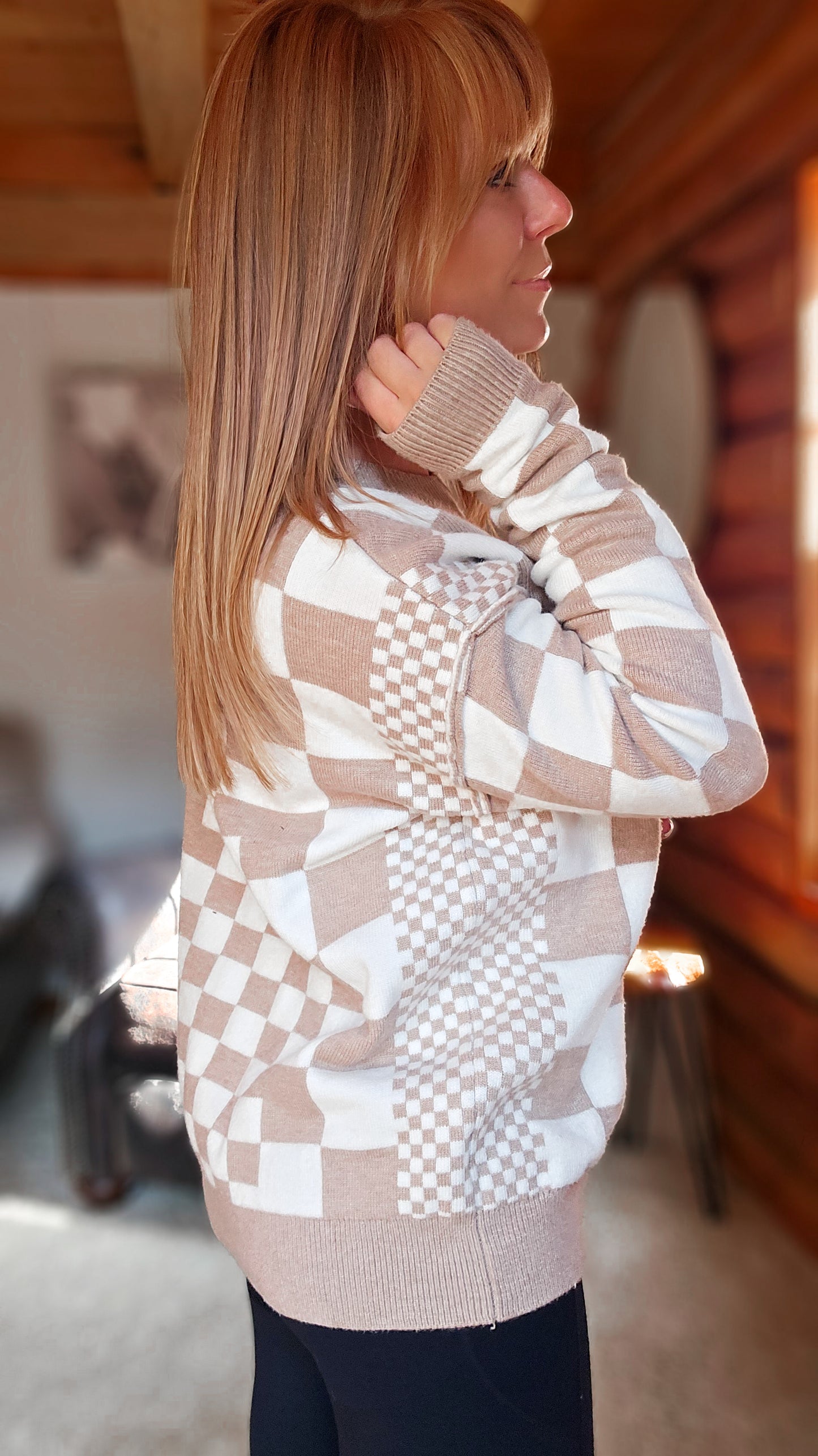 Khaki Checkered Print Drop Shoulder Round Neck Sweater