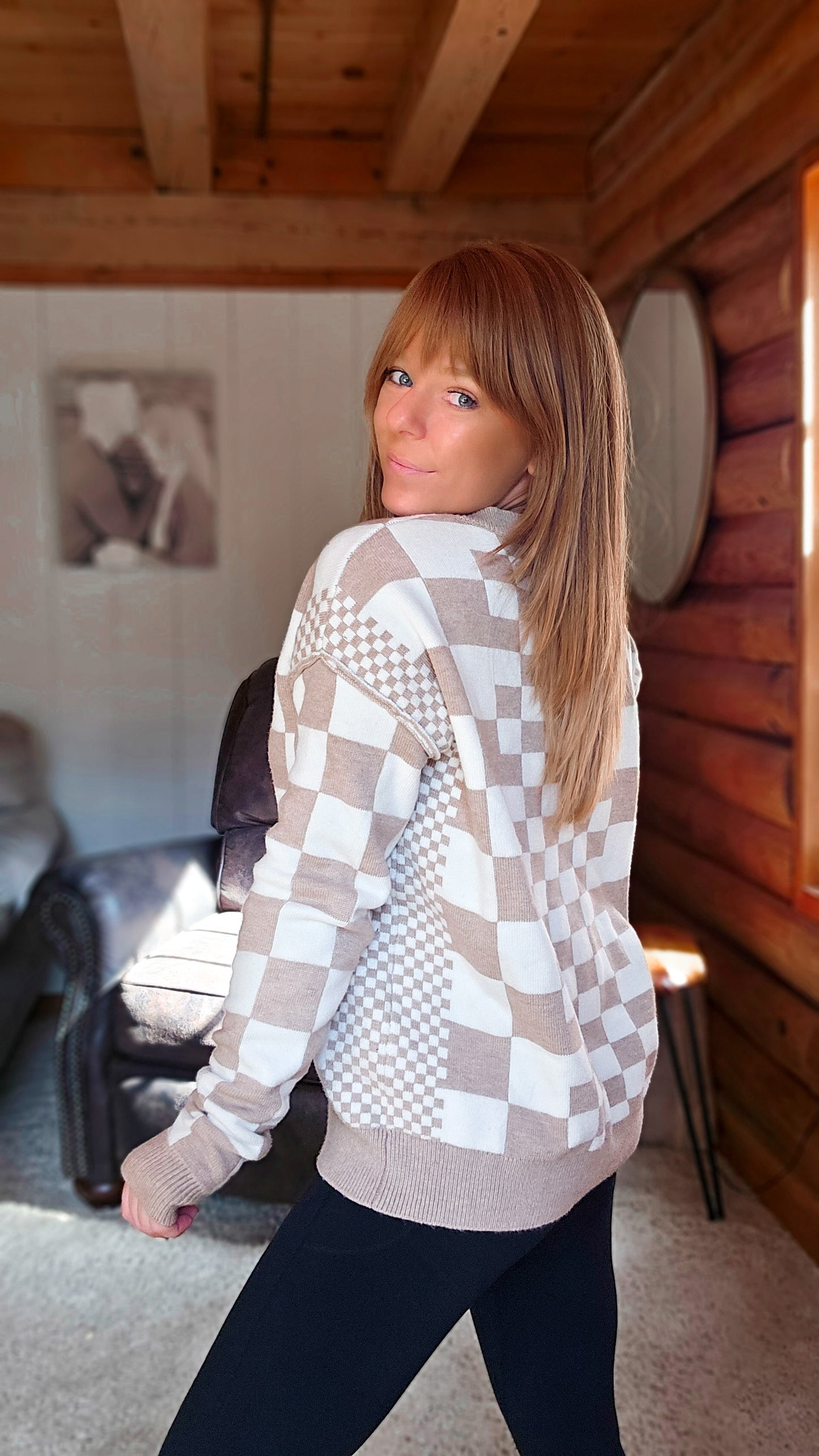 Khaki Checkered Print Drop Shoulder Round Neck Sweater